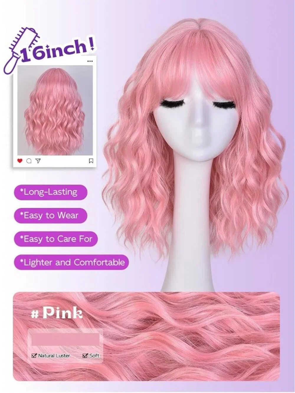 Women's Pink 14 Inch Natural Synthetic Short Curly Wavy Fiber Wigs